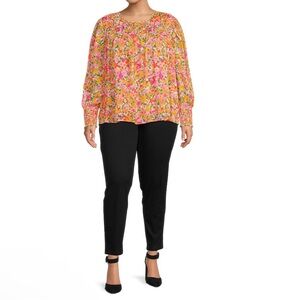 Terra & Sky Women's Smocked‎ Chiffon Top Flower Field Soft Papaya 2X NEW/NWT